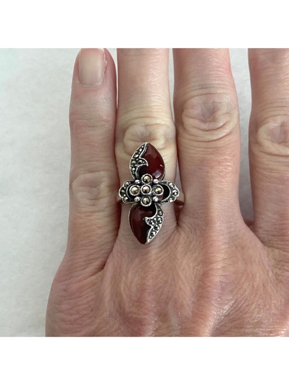 Sterling Silver 925 Art Deco Style Marcasite Teardrop Red Glass Ring Sz 5.75 - Picture 13 of 16
